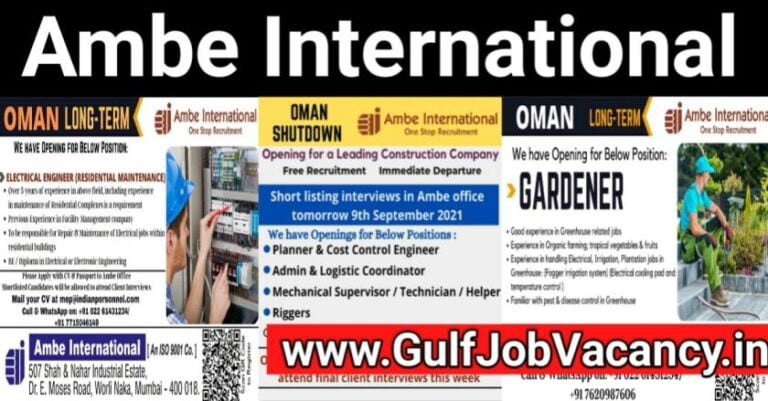 Gulf Jobs – Ambe International Vacancies For UAE and Oman