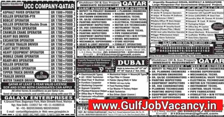 Overseas Vacancies – Qatar, Singapore, Oman Kuwait & Norway