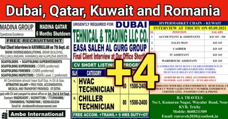 Overseas Job Vacancy – Dubai, Qatar, Kuwait and Romania