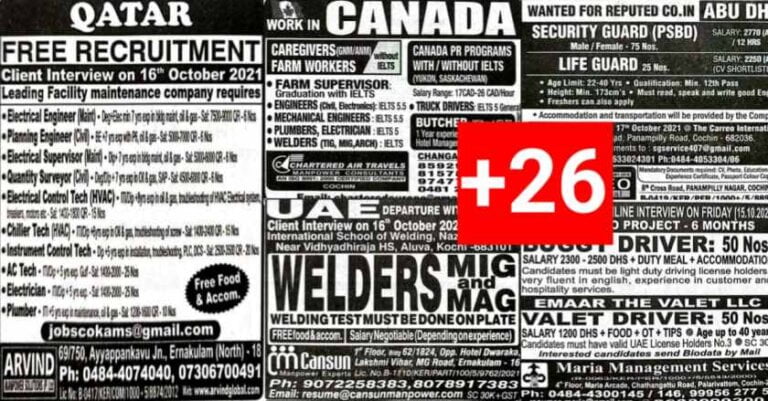Malayala Classified Gulf Jobs – 13th Oct 2021