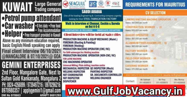 Overseas Vacancies – Required Gulf and Mauritius