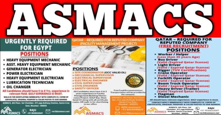 ASMACS Recruitment – Required Qatar, Egypt, Kuwait & UAE