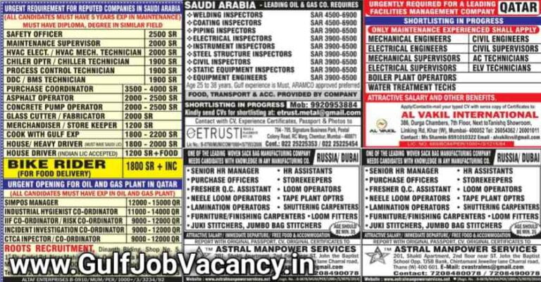 Gulf Jobs News Paper Mumbai – Large Vacancies