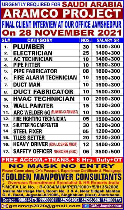 Saudi Arabia Jobs Required For ARAMCO Project