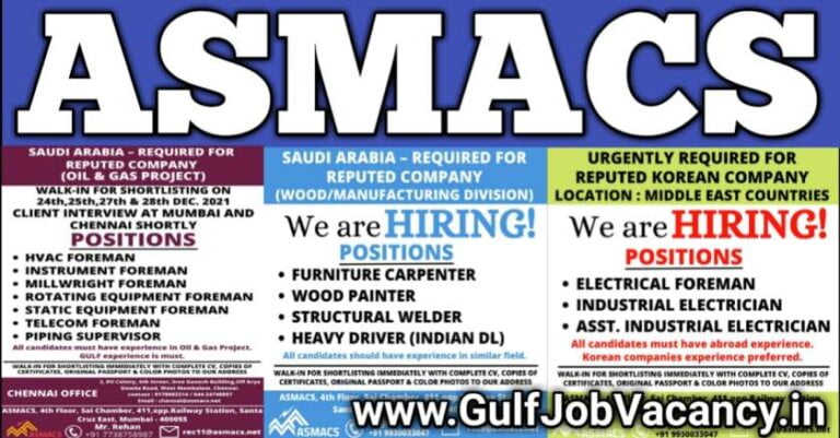 ASMACS Mumbai – Vacancies For Saudi & Dubai