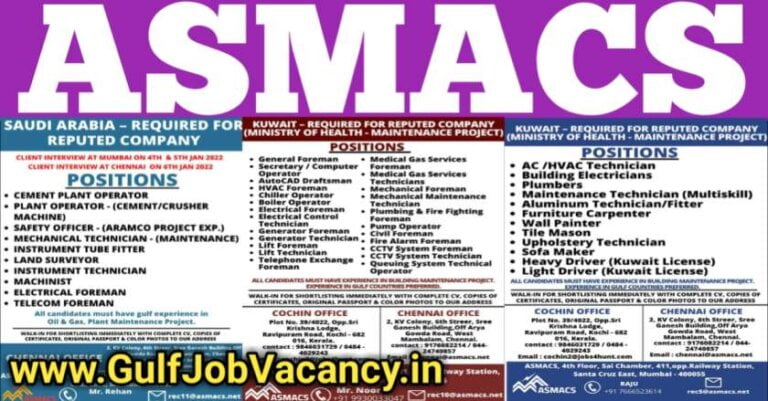 ASMACS – Vacancies For Kuwait, Saudi & Dubai