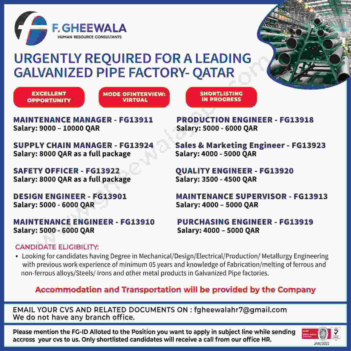 F Gheewala Job Vacancy For Qatar & UAE