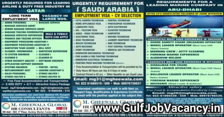 M Gheewala Gulf Jobs | Mumbai Vacancies