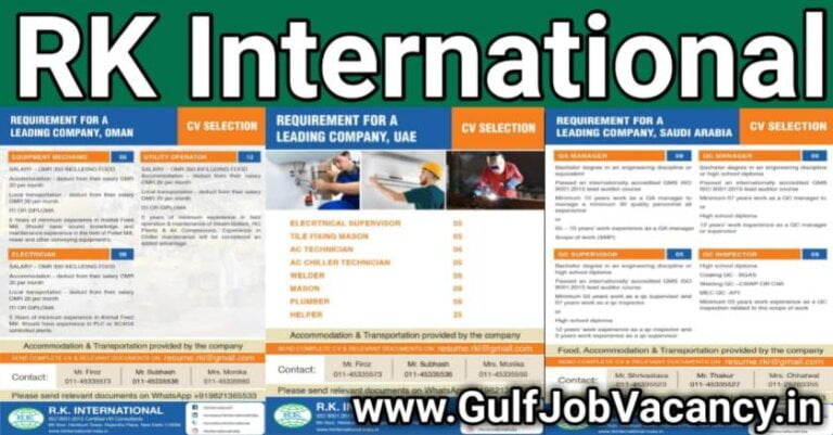 RK International Delhi – Gulf Job Vacancies
