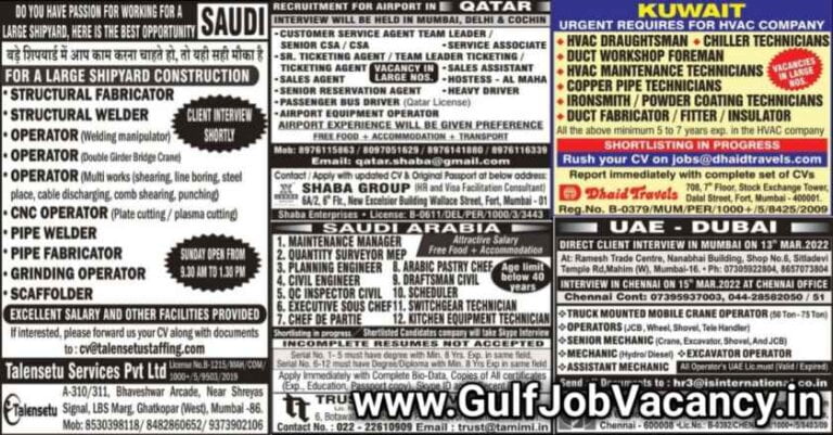 Gulf Job Mumbai Paper | 500+ Vacancies