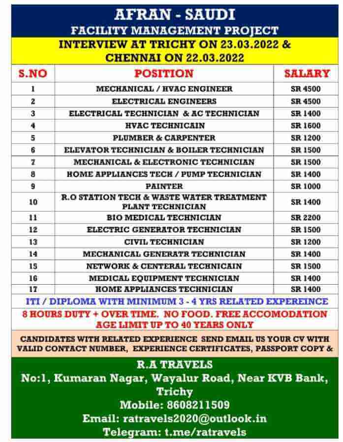 Read more about the article Saudi Vacancies For Arfan Facility Management Project