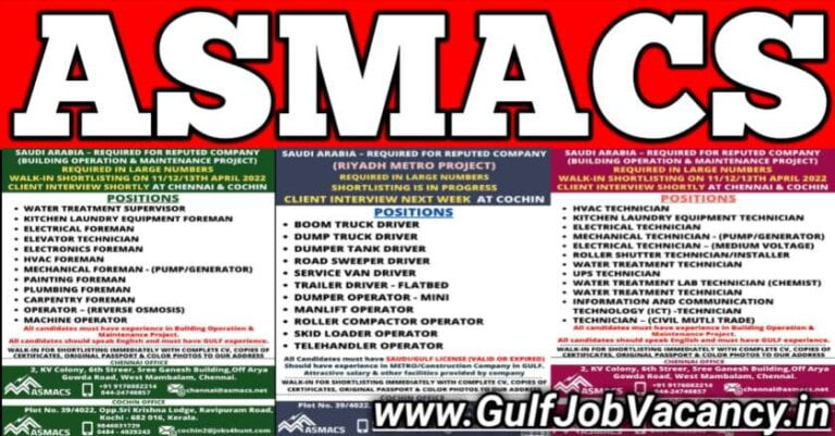 ASMACS Jobs Mumbai | UAE & Saudi Vacancies