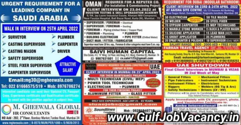 Gulf Job Mumbai News Paper | 500+ Vacancies