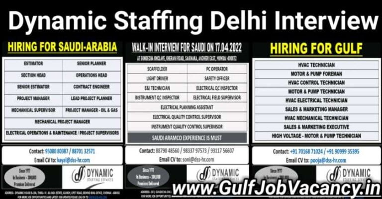 Gulf Job Vacancy | Mumbai, Delhi & Chennai Interview