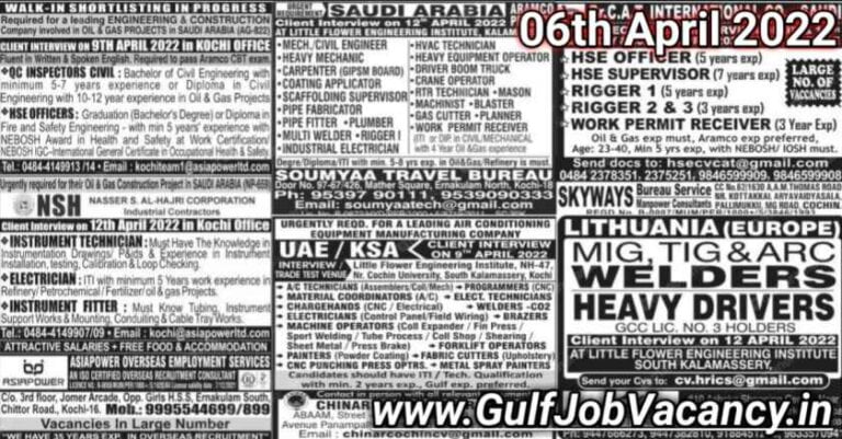 Malayala Classified Gulf Jobs 06th April 2022