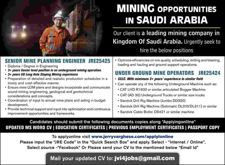 Saudi Arabia Jobs | Hiring For Mining Company