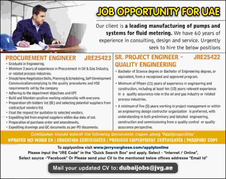 UAE Jobs | Hiring For Pumps Manufacturing Co.