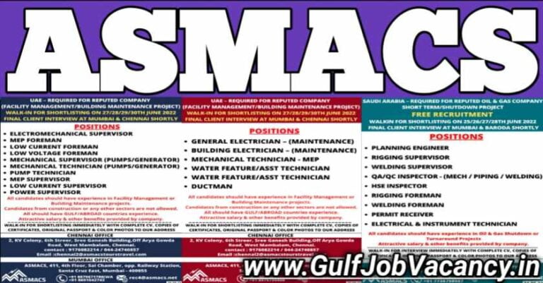 ASMACS Recruitment – Saudi And UAE Vacancies