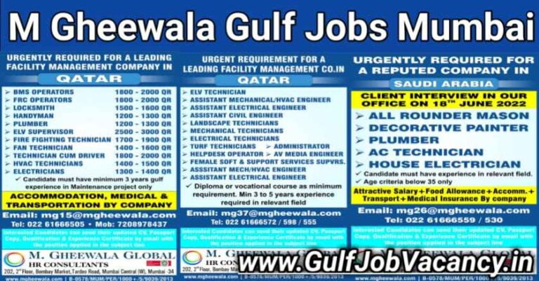 Gulf Jobs Mumbai Walkin – Hiring M Gheewala