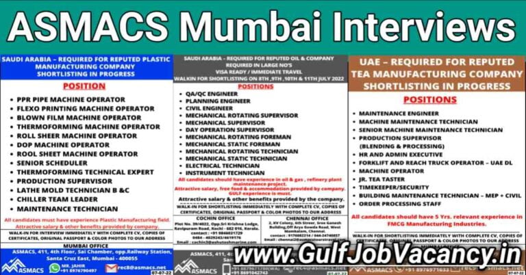 ASMACS Mumbai Walkin | Qatar, Saudi & UAE Vacancies