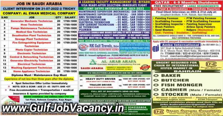 Gulf Job Interviews | Walkin Mumbai, Trichy & Bhilai