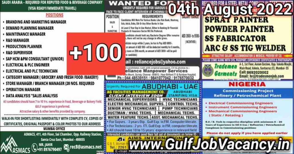 Gulf Job Vacancies Newspaper 04th August 2022
