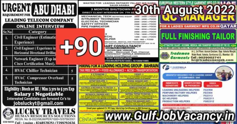 Gulf Job Vacancies Newspaper 30 August 2022