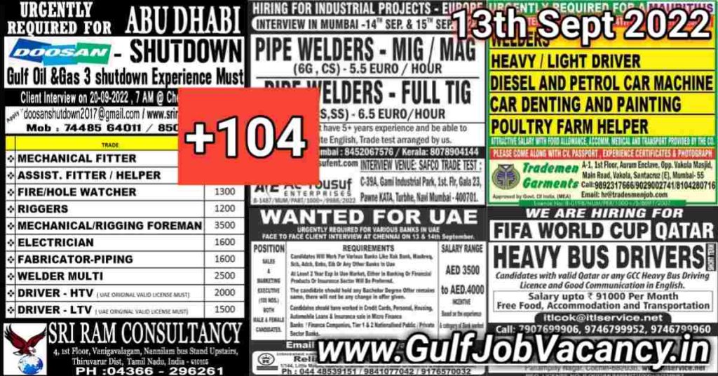 Gulf Job Vacancies Newspaper 13th September 2022