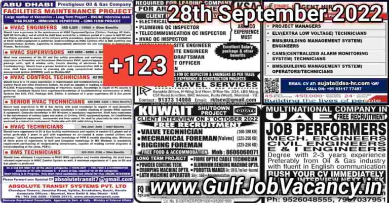 Gulf Job Vacancies Newspaper 28 September 2022