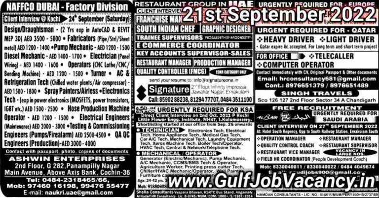 Malayala Classified Gulf Jobs Newspaper 21 September 2022
