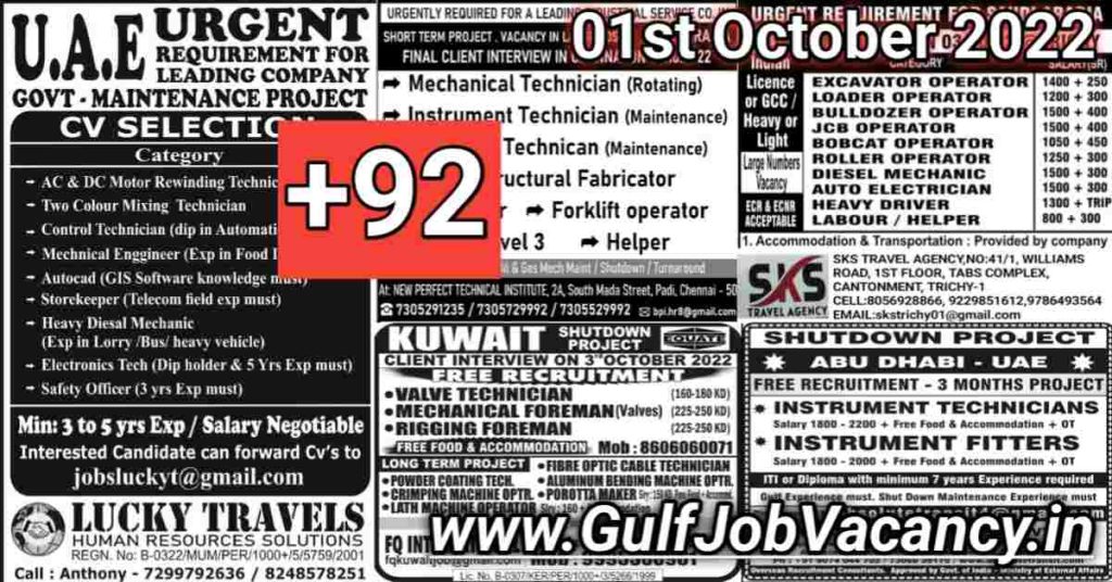 Gulf Job Vacancies Newspaper 01st October 2022