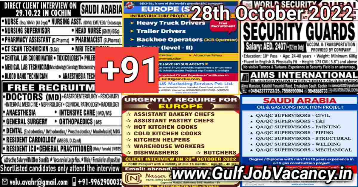 Gulf Job Vacancies Newspaper 28 October 2022