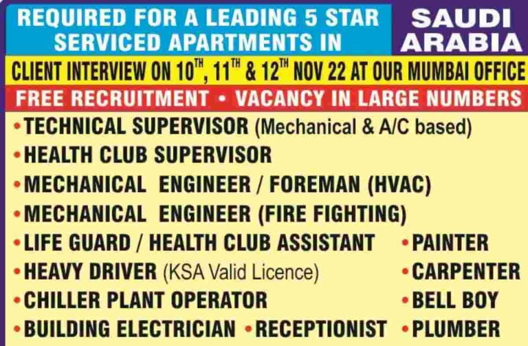 Free Recruitment | 5 Star Apartment In Saudi