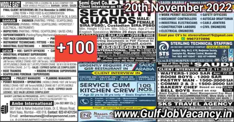 Gulf Job Vacancies Newspaper 20 November 2022