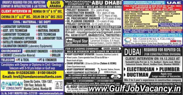 Gulf Job Paper Free Interview | 500+ Jobs
