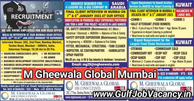M Gheewala Mumbai | Kuwait & Saudi Vacancies