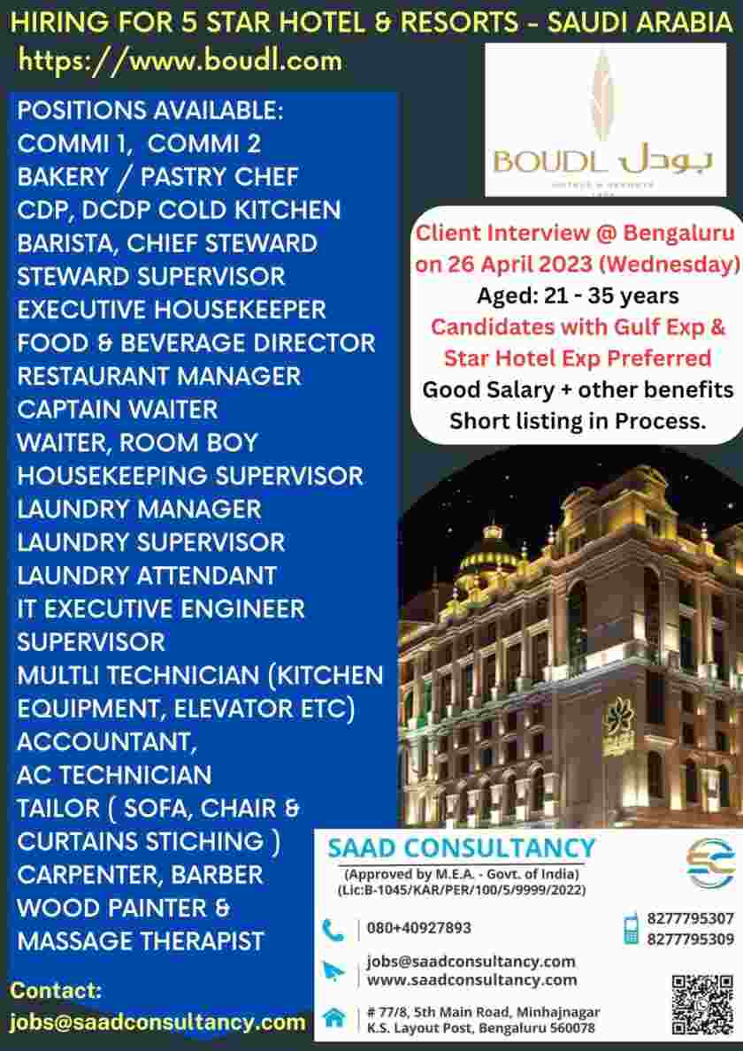 Gulf Job Hiring For 5 Star Hotel & Resort