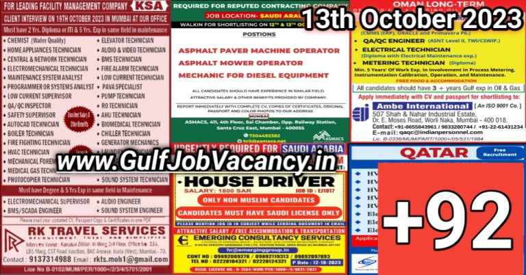 Today Gulf Job Vacancy PDF 13 October 2023