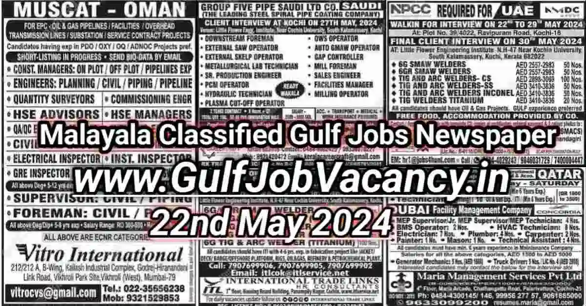 Malayala Classified Gulf Jobs Newspaper 22 May 2024