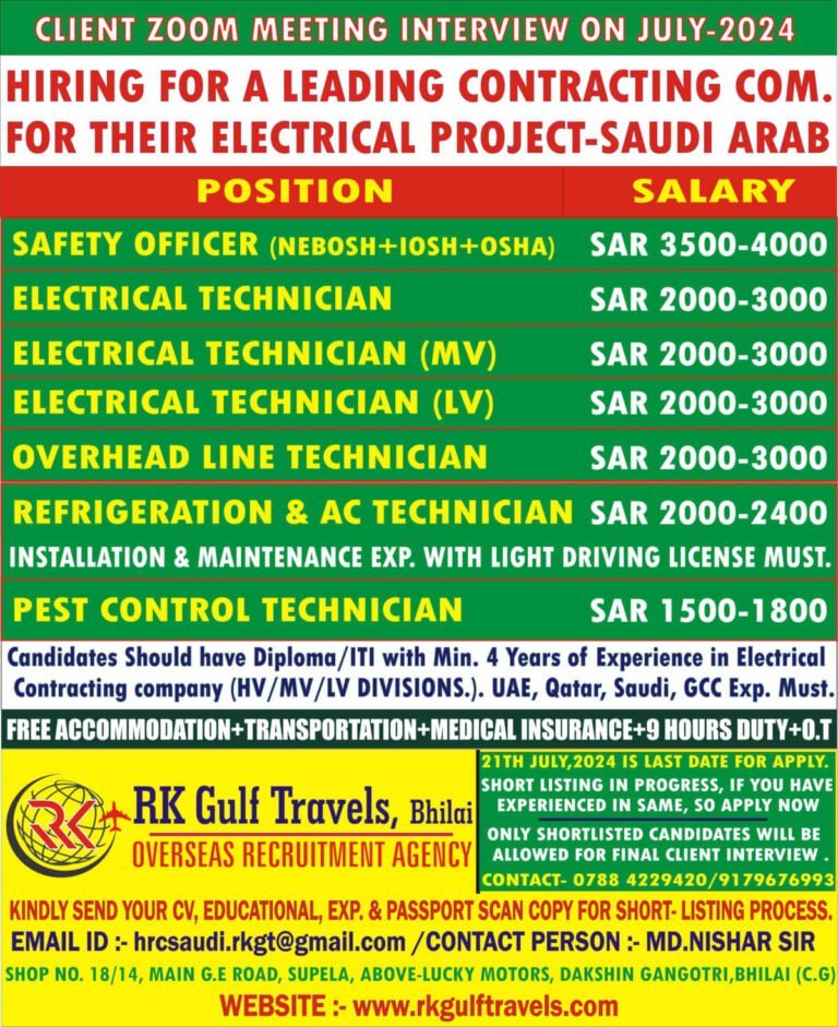 Electrical Project Engineer Jobs: ITI/Diploma Vacancies For Saudi Arabia