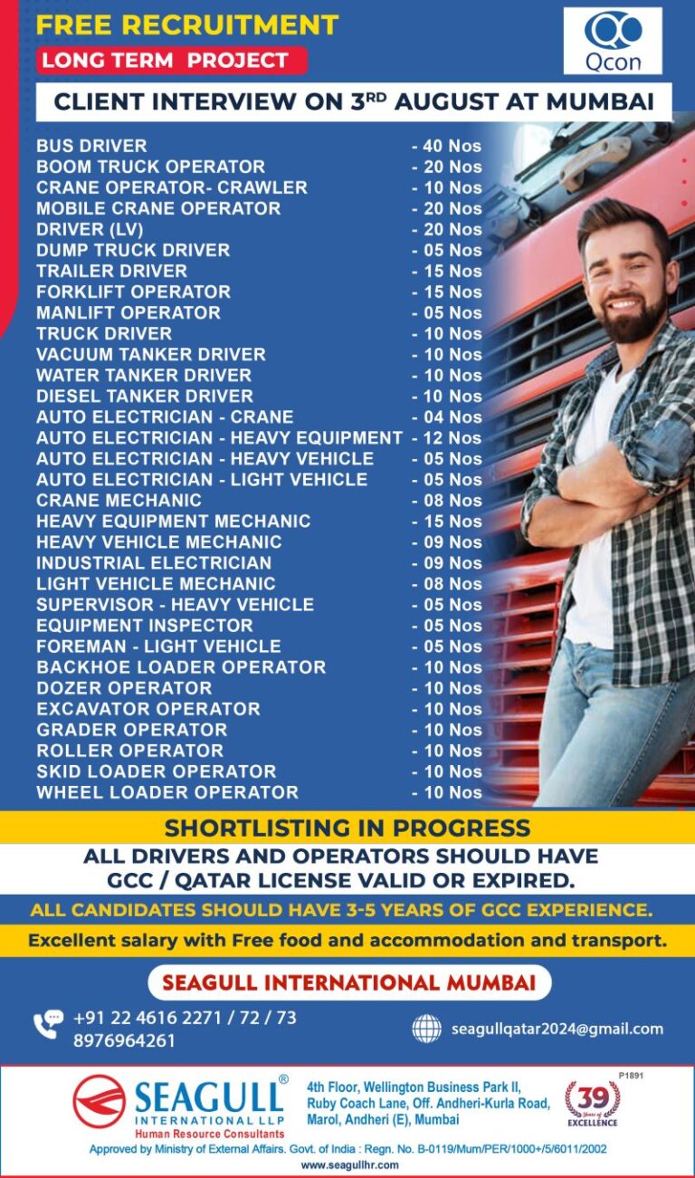 Free Recruitment QCON Long Term Projects: Qatar Vacancies, Excellent Salary