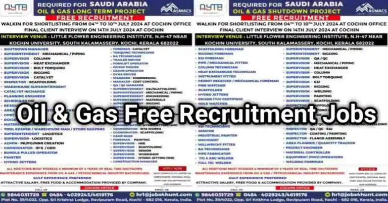 Oil And Gas Jobs: Saudi Free Recruitment