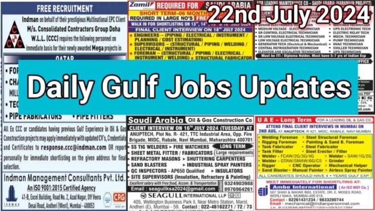 Today Gulf Job Vacancy PDF 22 July 2024: Gulf Jobs Today, Daily Gulf Jobs