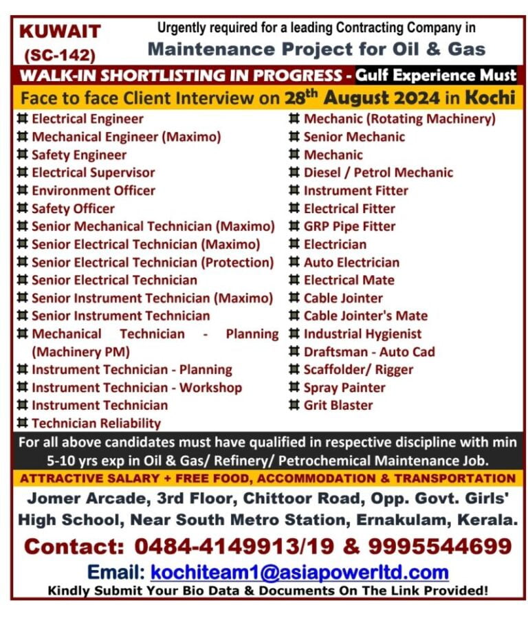 Kuwait Leading Contracting Company Interviews: Maintenance Project For Oil & Gas, Gulf Jobs