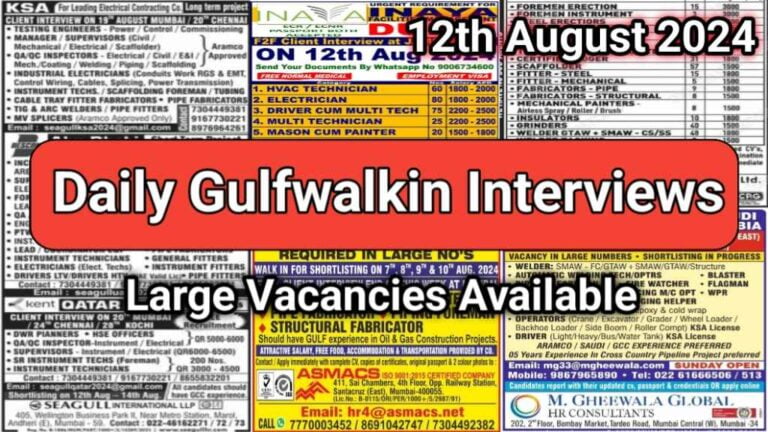 Today Gulf Job Vacancy PDF 12 August 2024: Gulf Jobs Today, Daily Gulf Jobs