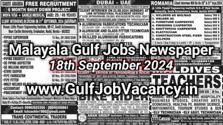 Malayala Classified Gulf Jobs Newspaper 18 September 2024: Gulf Jobs Today