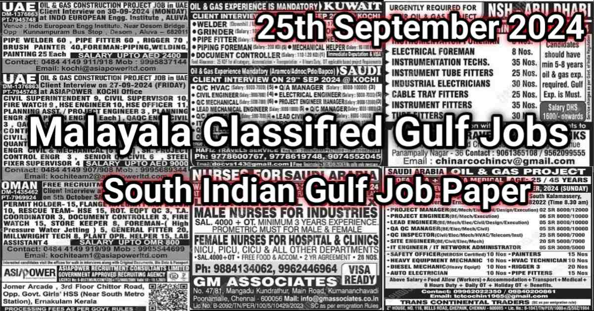 Malayala Classified Gulf Jobs Newspaper 25 September 2024