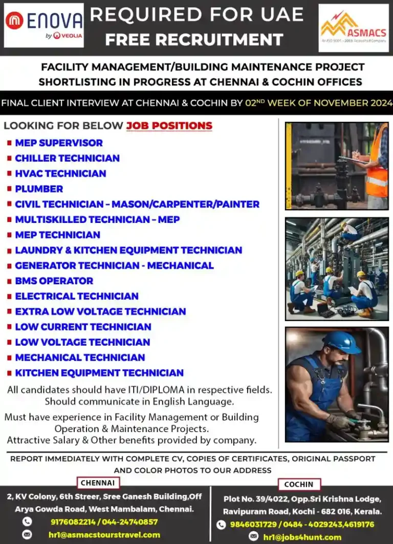 Free Recruitment Gulf Jobs – Facility Management & Building Maintenance Project For UAE Apply Now!