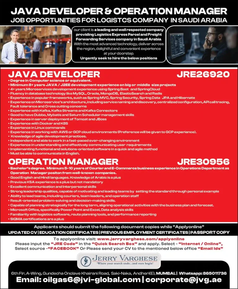 Java Developer and Operation Manager Needed for Logistics Company – Walk in Interview in Mumbai