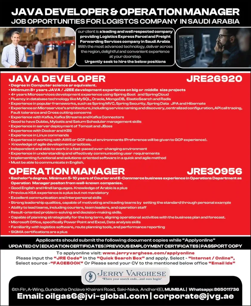 Java Developer and Operation Manager Needed for Logistics Company Apply Today